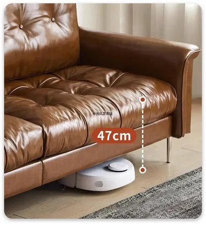TTTTMedieval Oil Wax Leather Creative Sofa Living Room Retro Old Caramel Color Large Straight Row Sofa