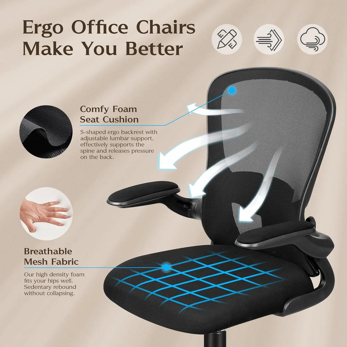 Ergonomic Office Chair with Adjustable Lumbar Support, Height & Flip-up Armrests - Black Mesh Backrest for Comfort