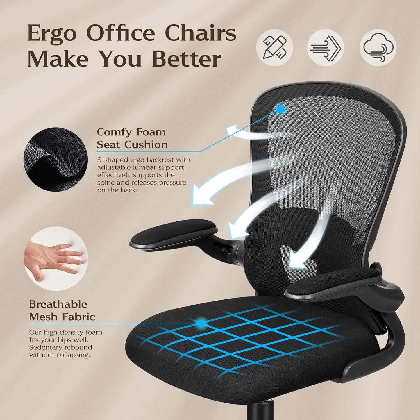 Ergonomic Office Chair with Adjustable Lumbar Support, Height & Flip-up Armrests - Black Mesh Backrest for Comfort