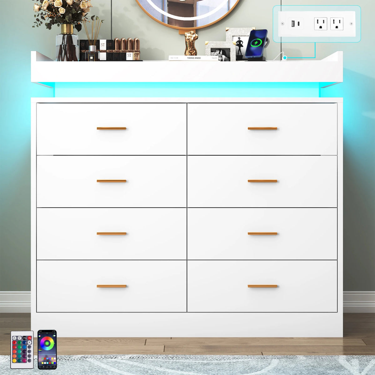 8 Drawer Dresser with LED Light, Modern Chest of Drawers for Closet, 47