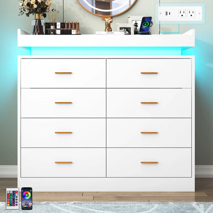 8 Drawer Dresser with LED Light, Modern Chest of Drawers for Closet, 47" Wide Drawer Organizer Cabinet for Bedroom, Living Room