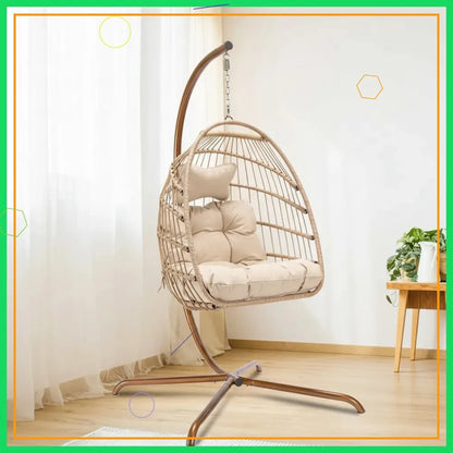 Cozy Hanging Egg Chair with Stand, Indoor Outdoor Wicker Swing with Cushion, 350lbs Capacity for Patio Deck Balcony