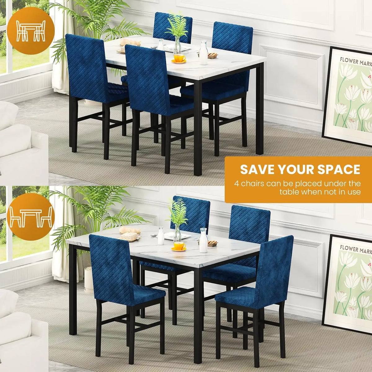 Dining Table Set for 4 Kitchen Table and Chairs Set of 4 Faux Marble Kitchen and Dining with Velvet Upholstered Dinner Chairs