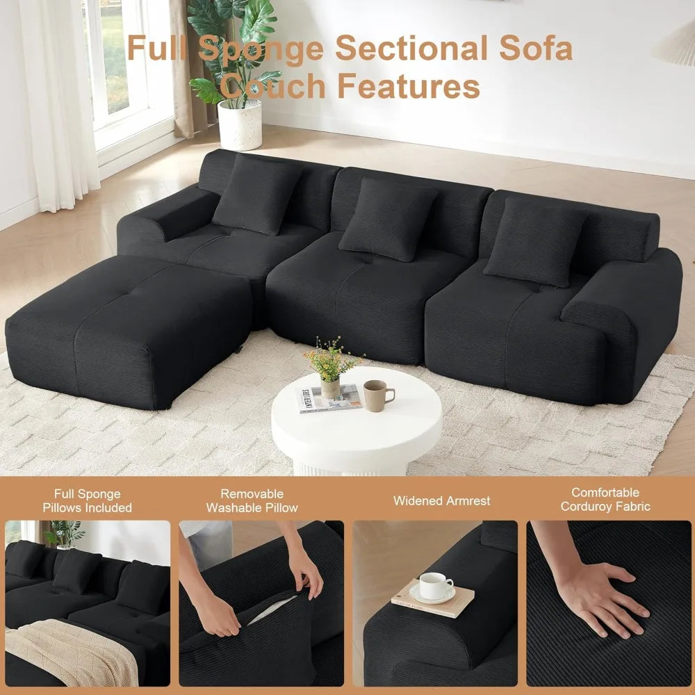 113 Sectional Couch with L Shaped Chaise, Boneless Couch Cloud Modular Sectional Sofa with 4 Seat and Movable Ottoman