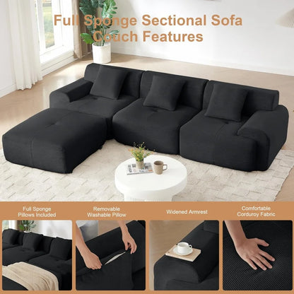 113 Sectional Couch with L Shaped Chaise, Boneless Couch Cloud Modular Sectional Sofa with 4 Seat and Movable Ottoman