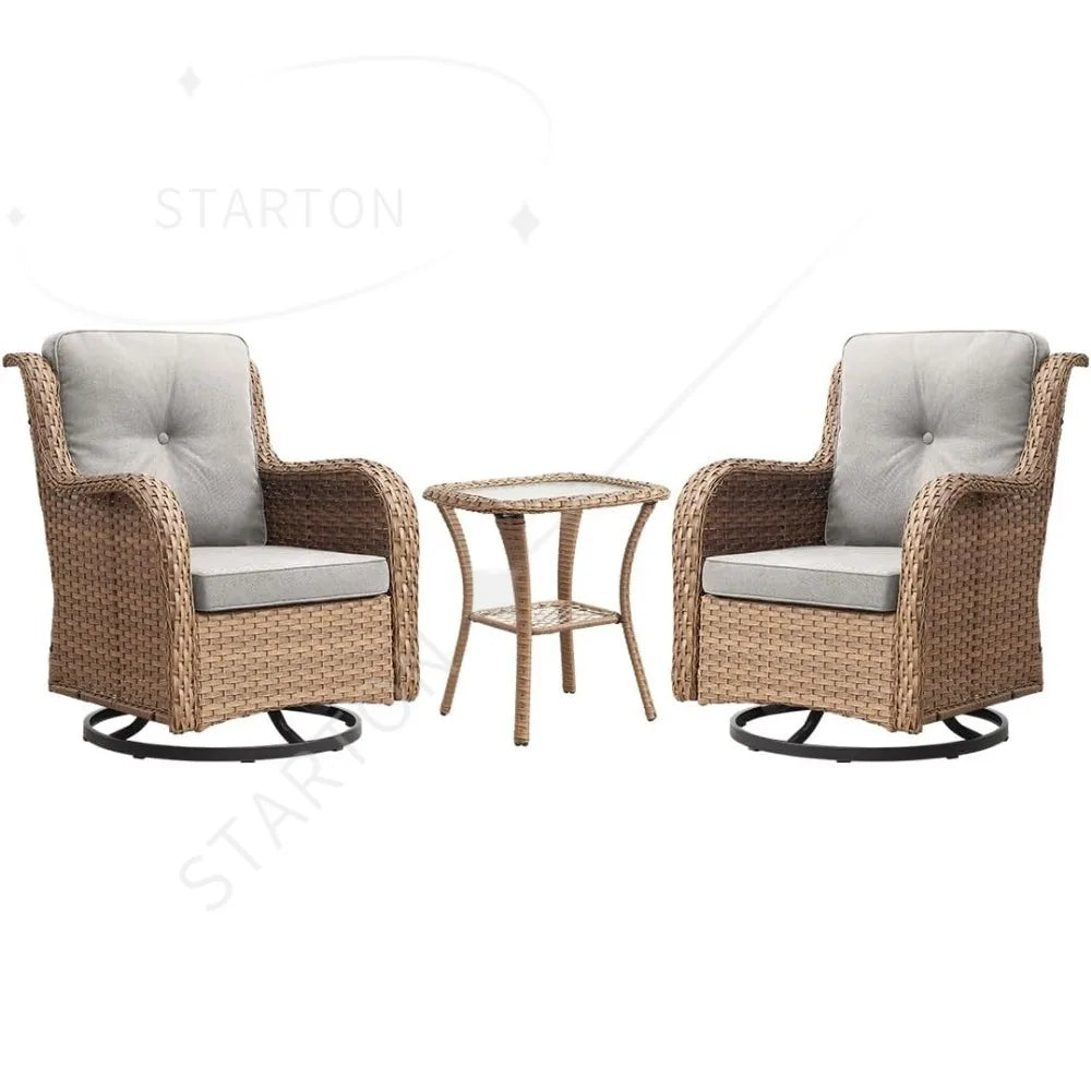 Chair Outdoor, Patio Bistro Furniture Conversation Set, Cushioned Wicker Chair with Glass Coffee