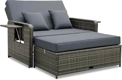 Wicker Patio Outdoor Daybed - Rattan Day Bed Lounger with Loveseat & Storage Ottoman, Sunbed Sofa Set w/Cushions, 4-Level Adjus