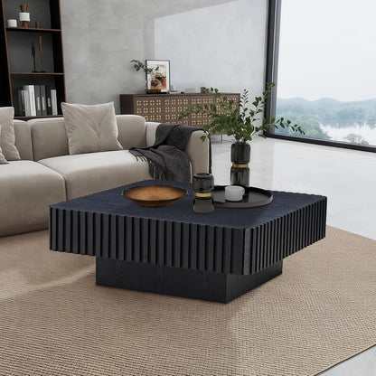 Square Coffee Table for Living Room, Modern Handcraft Solid Wood Drum Coffee Table with Sturdy Pedestal Shaped Tea Table