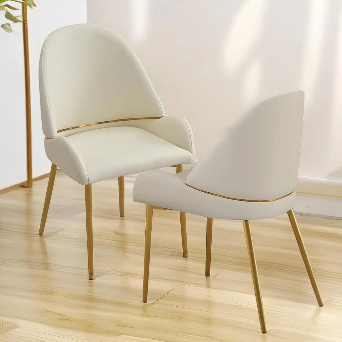 Dining Chairs Set of 2, Modern Cream White Faux Leather Chair with Gold Metal Legs and Ergonomic Curved Backrest, Customized