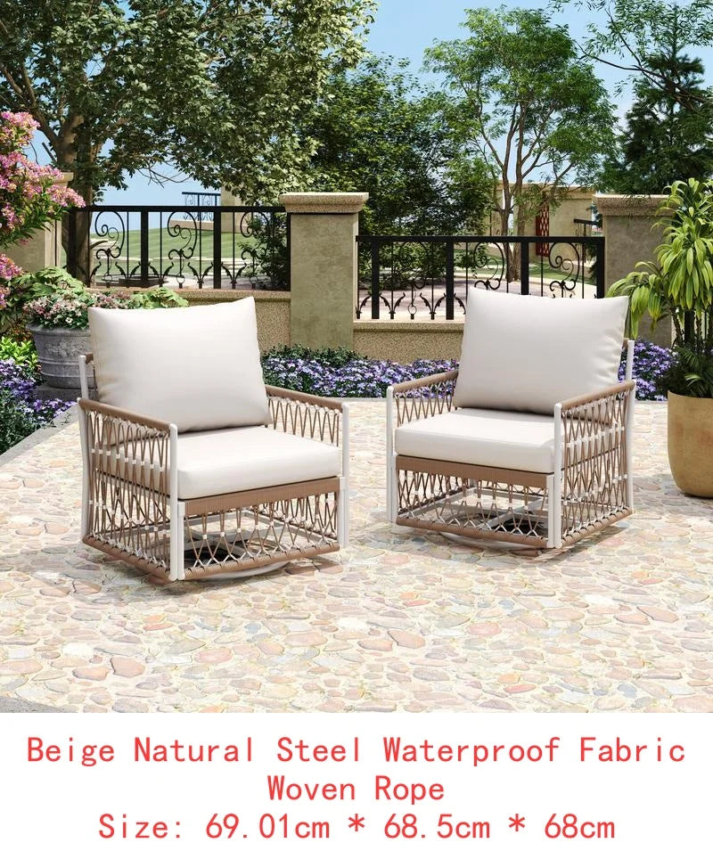 3-Piece Bohemian Outdoor Furniture Set with 2 Swivel Chairs and Glass Top Table - Handwoven Rope and Powder-Coated Steel Frame