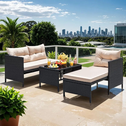 Outdoor Patio Furniture 3-Piece Rattan Waterproof Outdoor Sectional Sofa All-Weather L Shaped Patio Couch with Cushion Glass Ta