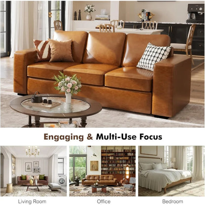 Brown Faux Leather 3-Seater Sofa for Living Room and Office, Modern Comfortable Couch for Apartments