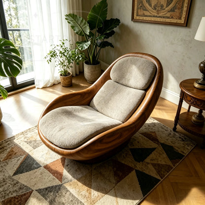 Modern Luxury Swivel Accent Chair with Sculptural Walnut Frame and Soft Boucle Upholstery