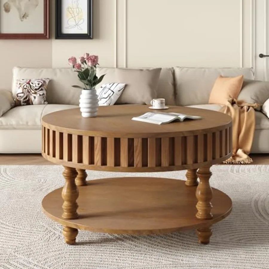 31.49'' Round Wood Coffee Table with Storage 2-Tier Circle Fluted Coffee Table in Walnut for Living Room Apartment Office with