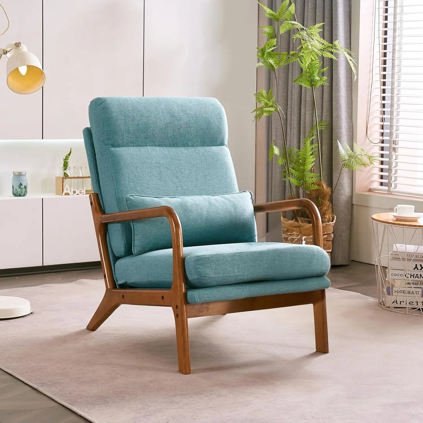 Mid-Century Modern Chair with Pillow High Back Bronzing Cloth Upholstered Lounge Arm Chair with Solid Wood Frame & Soft Cushion