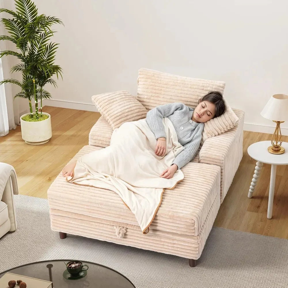 54" Oversized Chaise Lounge Chair Indoor, Comfy Sofa Bed with Storage and Ottoman, Upholstered Reading Chairs Cloud Couches, Kha