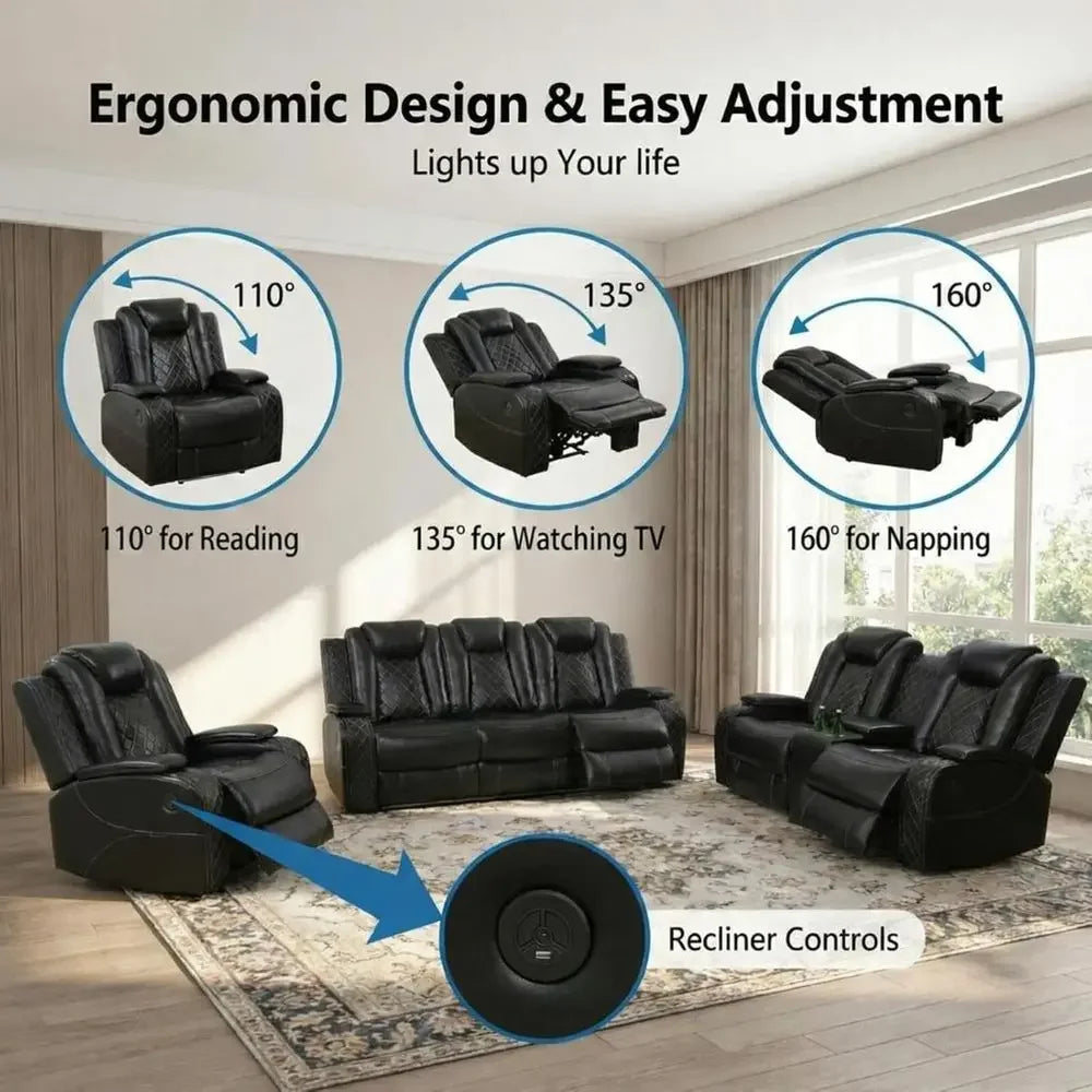 3-Piece Power Reclining Sectional Sofa with LED Lights, Air Leather Recliner with USB Port and Storage, Black Living Room Furnit