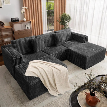 110 Corduroy Modular Sectional Boneless Sofa with 2 Ottomans, Convertible Cloud Couch with Deep Seats, Fluffy Memory Foam U Shap