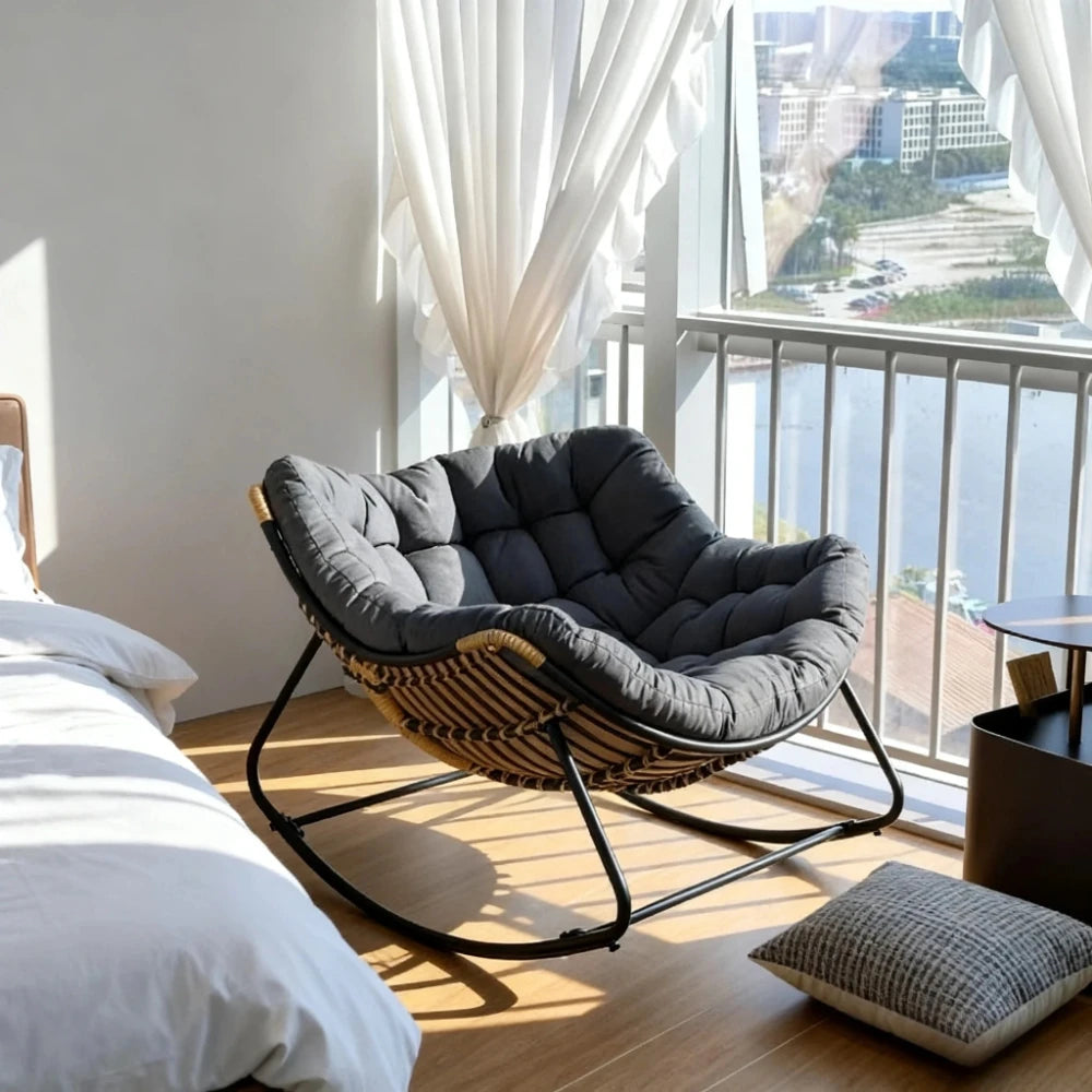 Light Luxury Outdoor Rattan Rocking Chair, Comfortable Backrest Cushion, Metal Frame, Garden Balcony Single Leisure Chair