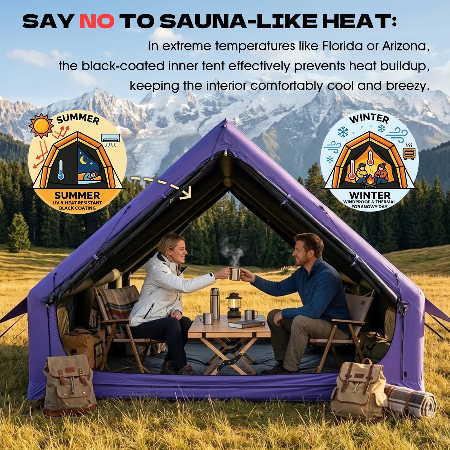 129 Sq Ft Large Inflatable Camping Tent Waterproof Oxford Air Tent House with Hand Pump 4 Season Sunproof Glamping Family Tent