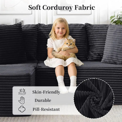 80 L-Shaped Sectional Sofa with Deep Seating and Ottoman, Comfortable Corduroy, Living Room, Bedroom, Easy Setup