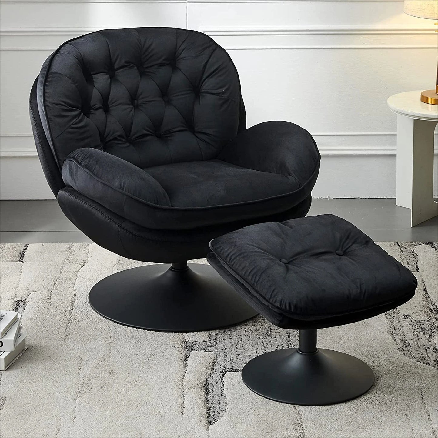 Velvet Swivel Armchair Set with Ottoman for Living Room - Modern Tufted Accent Chairs with 360° Swivel & Footrest - Comfy Chais