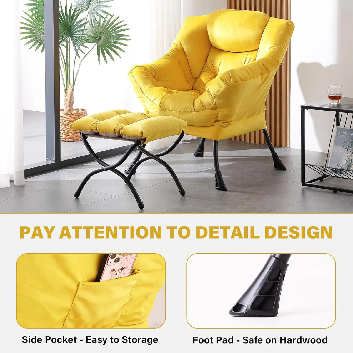 Modern Velvet Lounge Chair with Ottoman, Comfy Reading Armchair with Footrest for Living Room, Bedroom, Dorm