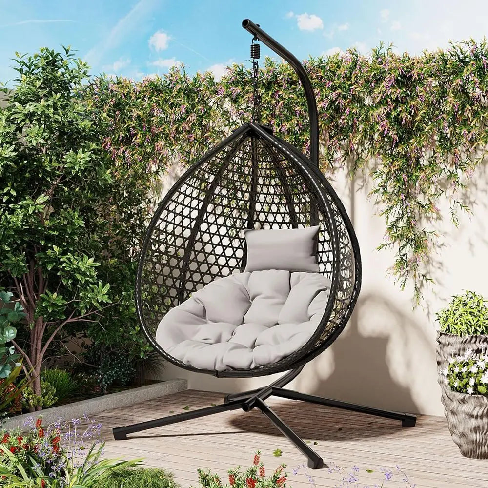 Outdoor/Indoor Wicker Swing Chair with Stand, Egg Hammock for Patio, Garden, Living Room