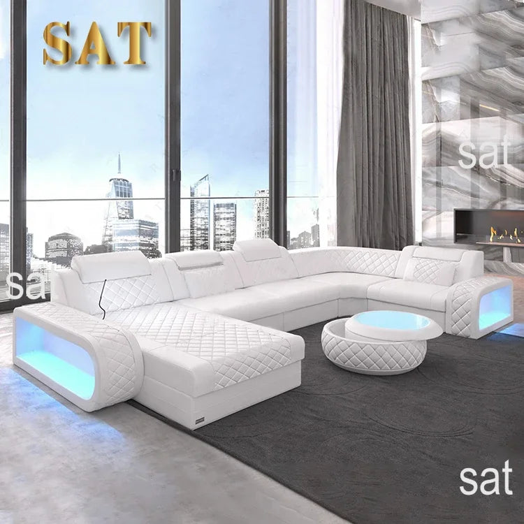 New Arrival New Arrival Italian Style Modern Design Leather Furniture U Shape Sectional Sofa With LED Light For Living Room Sofa