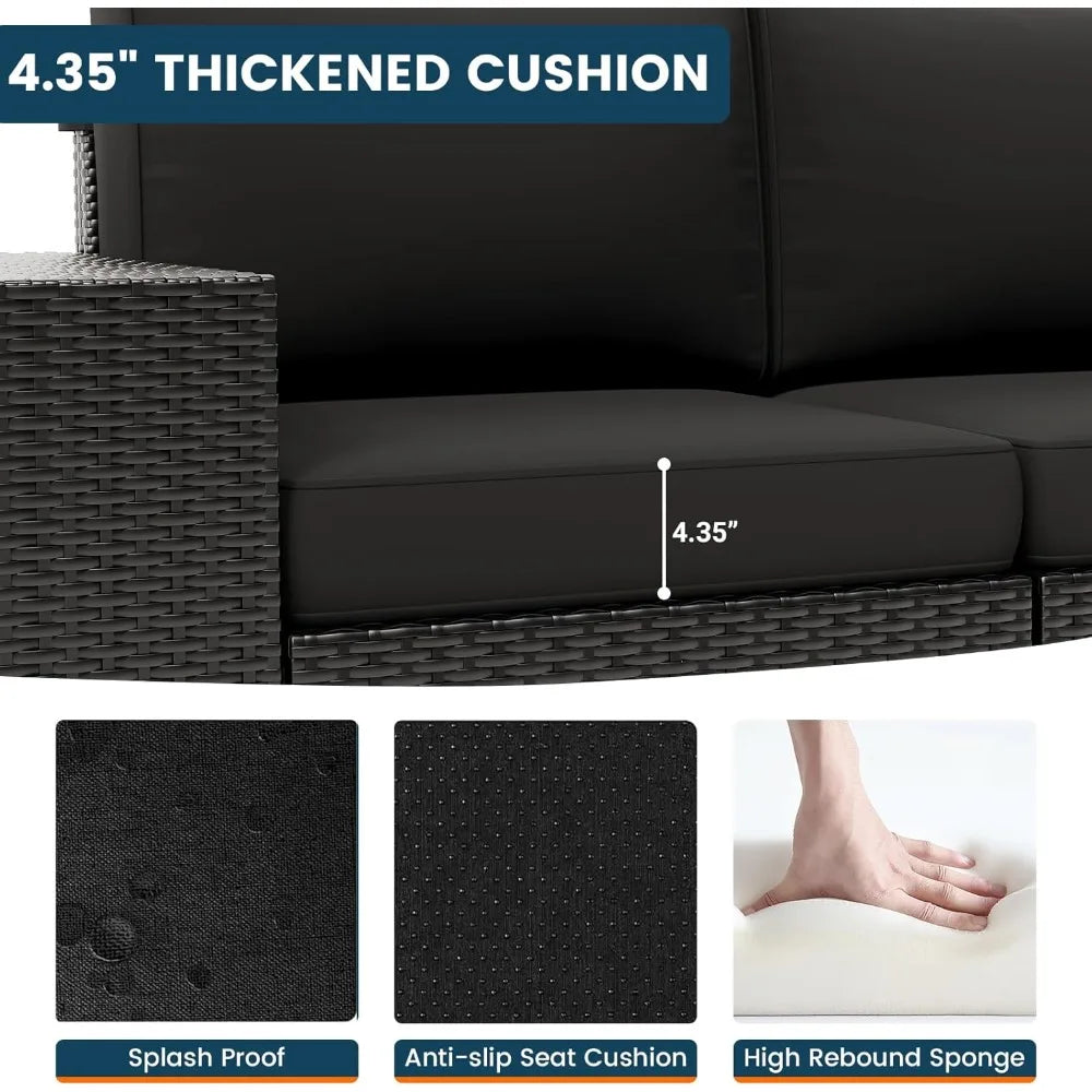 black wicker outdoor sectional sofa set with fire pit table for patio conversation