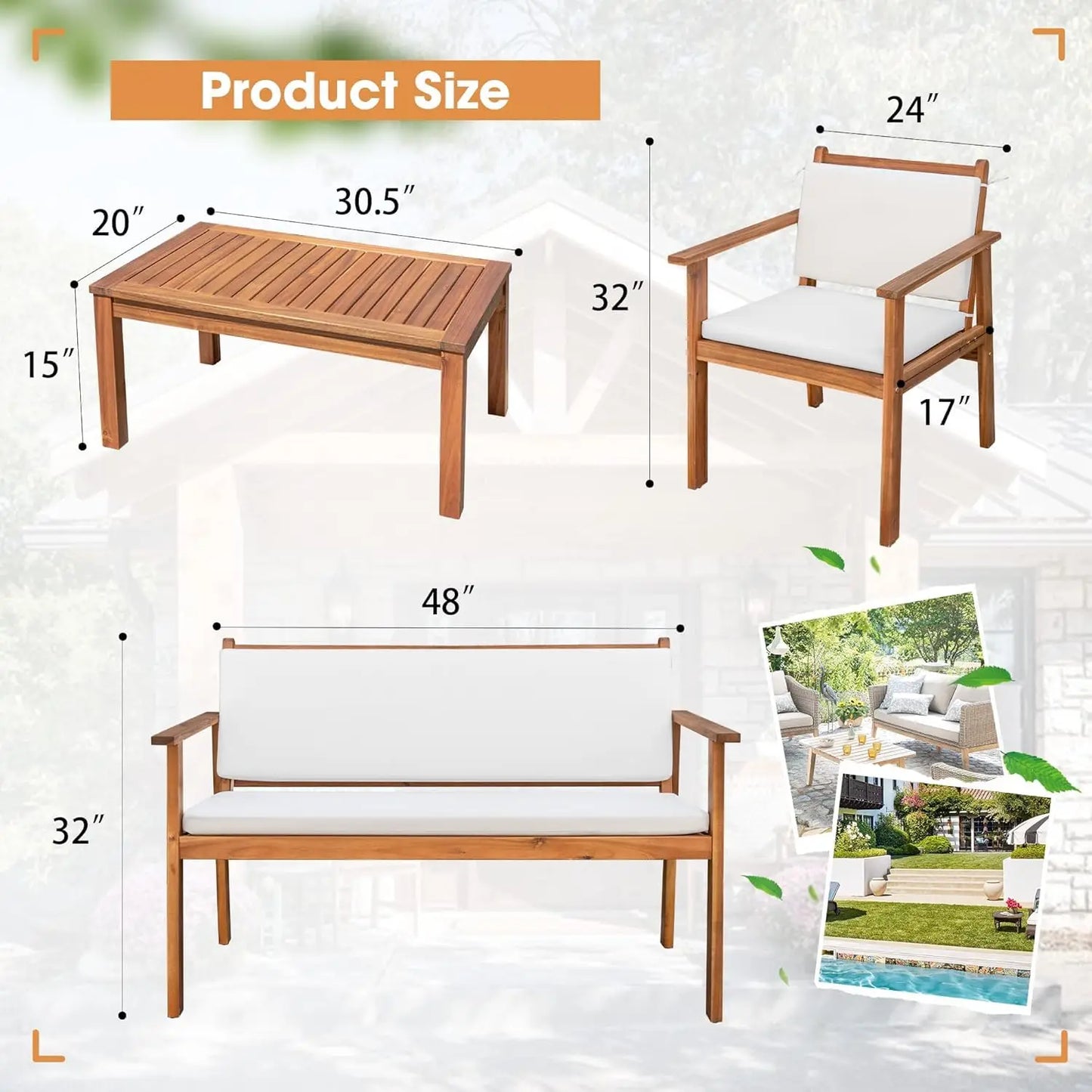 Patio Furniture 4 Piece Acacia Wood Outdoor Conversation Sofa Set with Table & Cushions Porch Chairs for Garden,, Customized