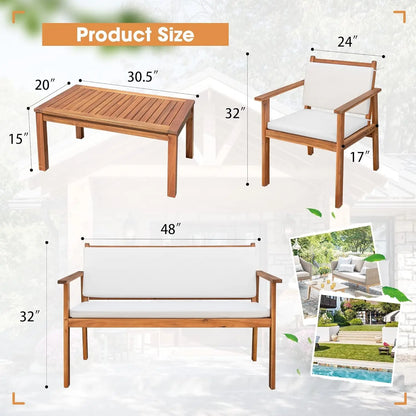 Patio Furniture 4 Piece Acacia Wood Outdoor Conversation Sofa Set with Table & Cushions Porch Chairs for Garden,, Customized