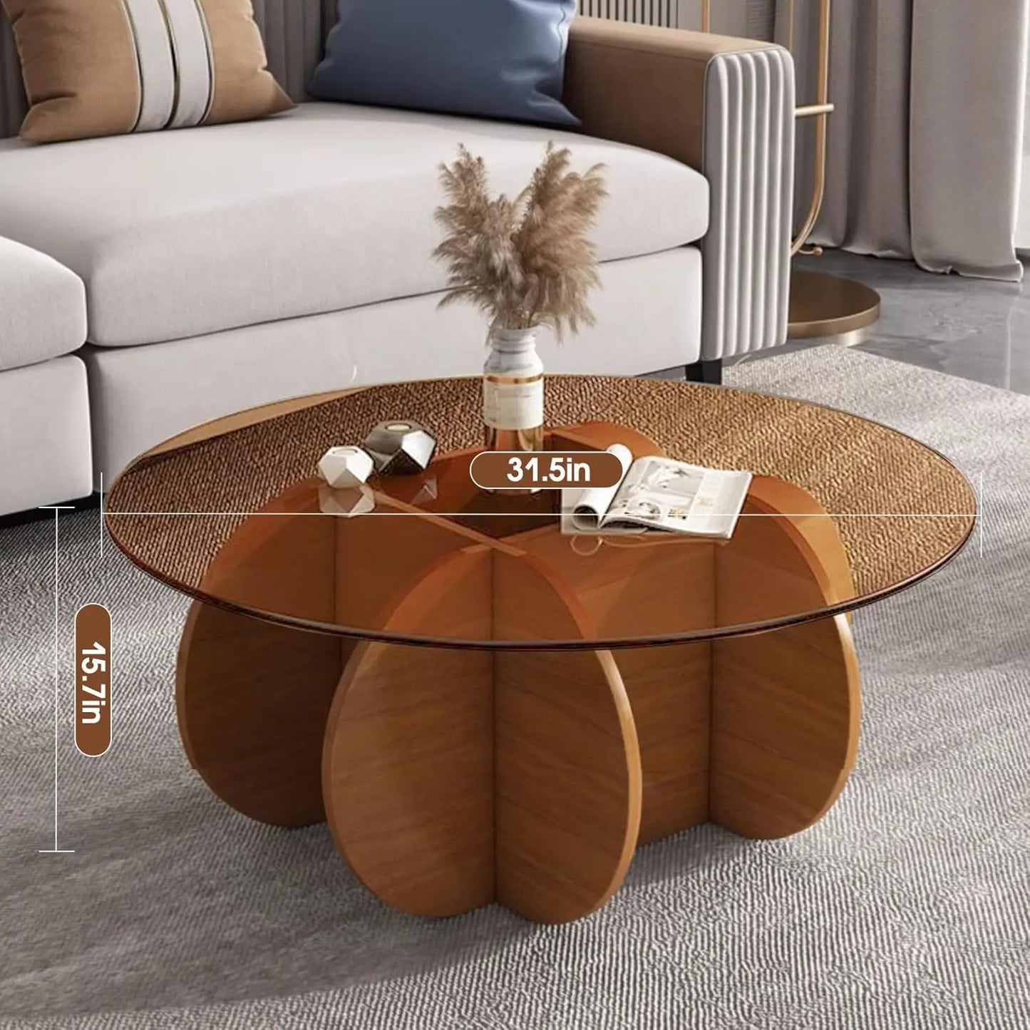 Table basse ronde moderne en verre avec pieds en bois, plateau trempé de 31,5 pouces pour les petits espaces du salon