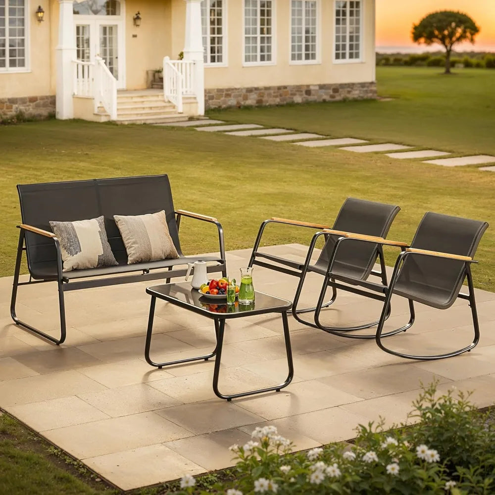 4-Piece Patio Furniture Set, Textilene Outdoor Conversation Set with 2 Rocking Chairs and Tempered Glass Coffee Table