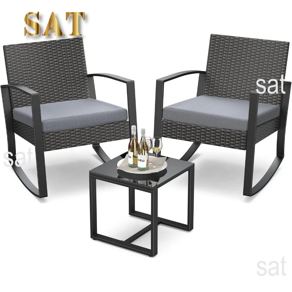 %a Patio Furniture Set Rocking Bistro Set Outdoor Rattan Conversation with Coffee Table for Garden Balcony Backyard