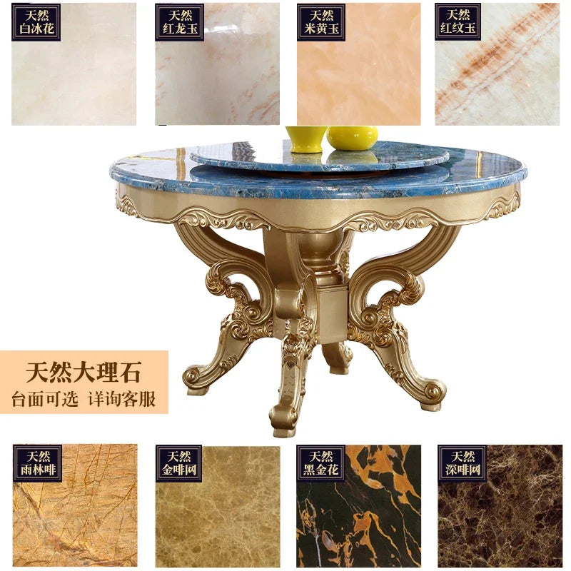 A55 European dining table andchairs American marble round table with turntable solid wood carving flower luxury champagne gold r