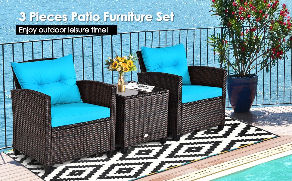 3 Pieces Patio Furniture Set, PE Rattan Wicker 3 Pcs Outdoor Sofa Set w/Washable Cushion and Tempered Glass Tabletop,Garden Sofa