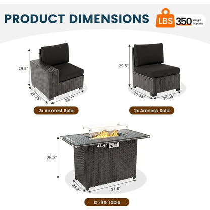 black wicker outdoor sectional sofa set with fire pit table for patio conversation