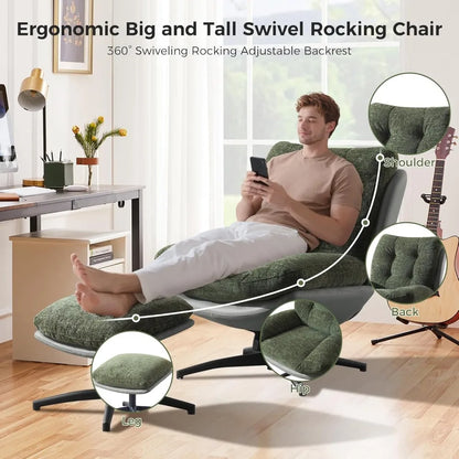 Rocking Swivel Accent Chair with Ottoman, 360° Oversized Metal Base Swivel Rocker Accent Chairs, Reclining Lounge Chair