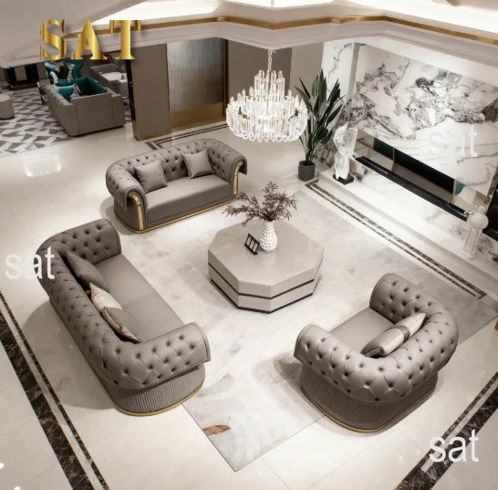 3-Seat Modern Chesterfield Sofa Set Curved Design Gold Decorated Napa Leather Sofa Apartment Living Room Furniture
