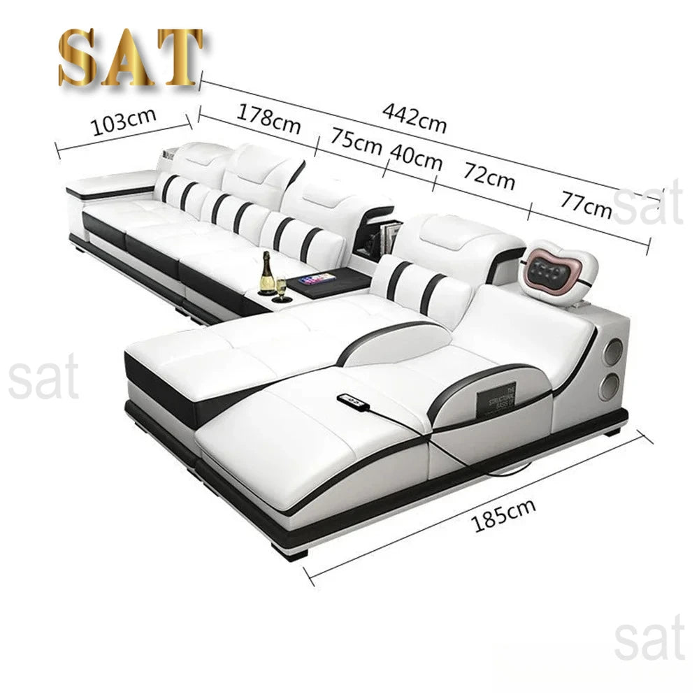 for| Italian Genuine Leather Sectional Sofa with Bluetooth, Speaker, Functional Headrest, Massage Chaise | Big Corner Couch