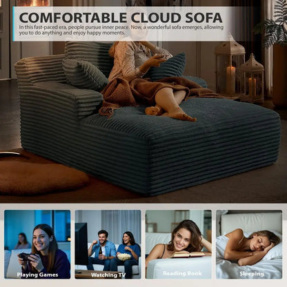 50 Inch Indoor Chaise Lounge Chair, Oversized Corduroy Upholstered Sleeper Couch, Deep Seat Reading Chair, Cloud Sofa for Living