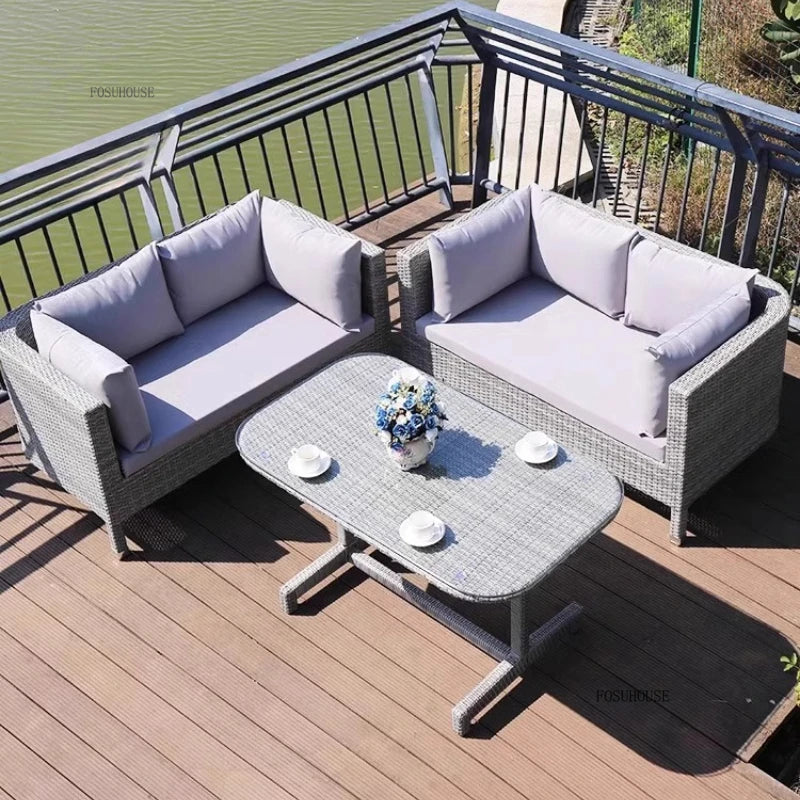 European Outdoor Garden Sofas Leisure PE Rattan Garden Terrace Sofa Chair Set Courtyard Balcony Double Sofa Outdoor Furniture AA