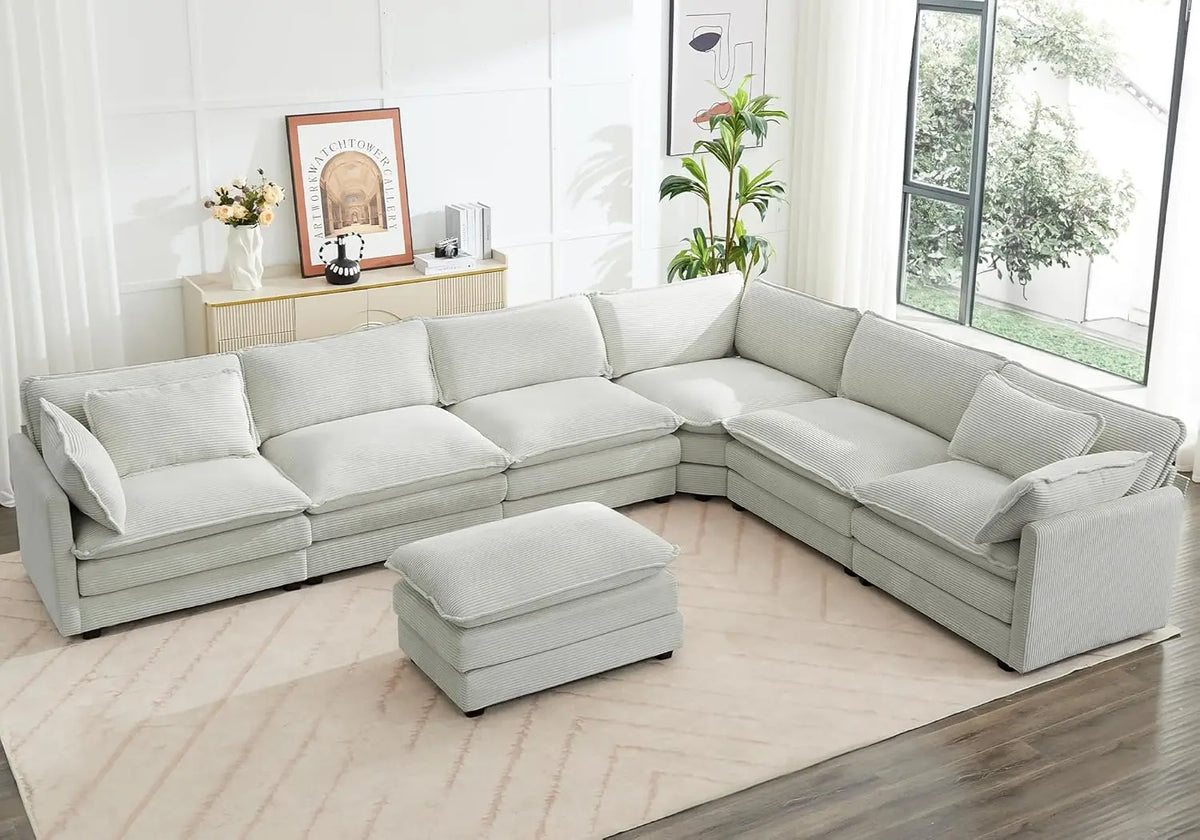 Oversized Modular Sectional Sofa with Movable Ottoman, 112 Inch 4 Seat Modern Corduroy Sofa Set, Convertible L Shaped Couch