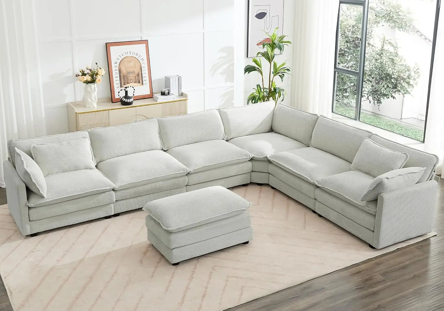 Oversized Modular Sectional Sofa with Movable Ottoman, 112 Inch 4 Seat Modern Corduroy Sofa Set, Convertible L Shaped Couch