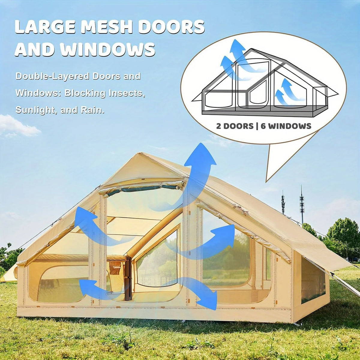 4-6 Person Inflatable Tent - Quick Setup Air Tent with Stove Jack, 420D Oxford (PU2000), 15cm Air Beams, 2 Doors & Windows
