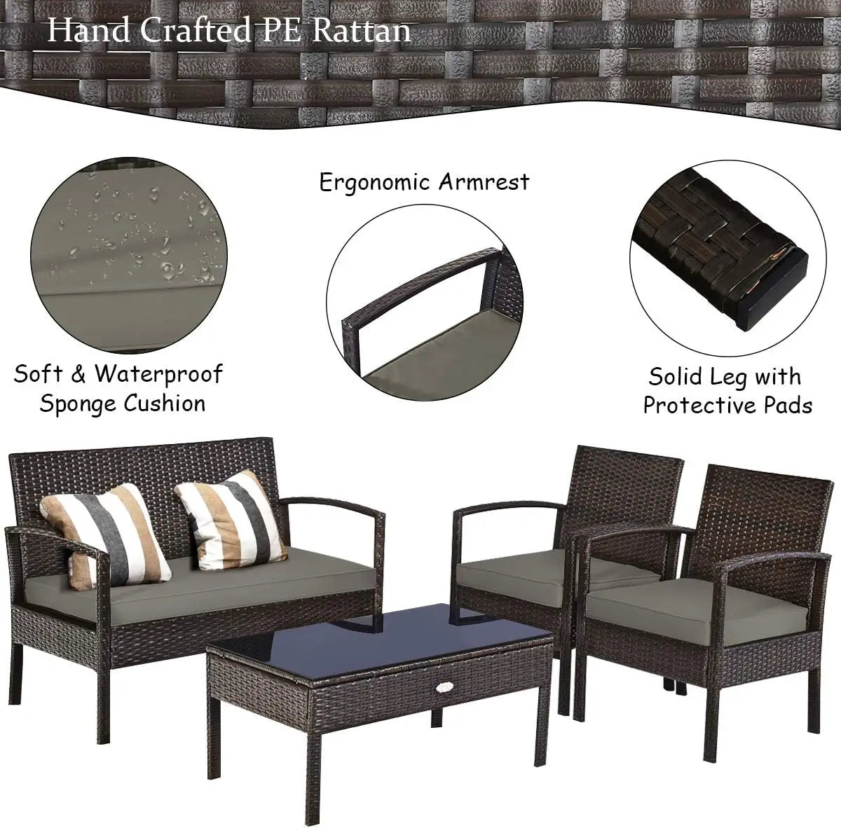 Outdoor Conversation Set 4 Pieces Patio Furniture, Wicker Patio Chair Sofa Set with Water-Resistant Dark-Brown Cushion & Tempere