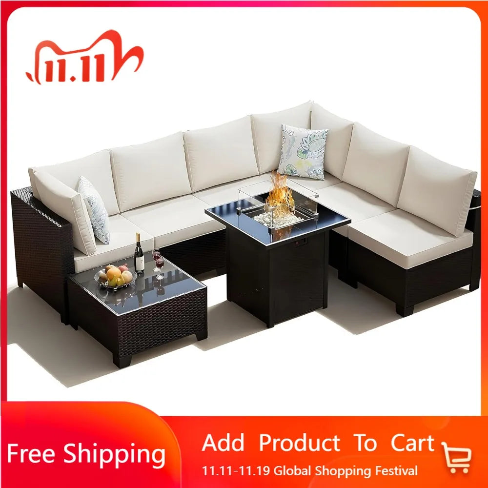 8 Piece Outdoor Patio Furniture Set with Fire Pit, Wicker Outdoor Sectional Sofa for Deck, Garden, Lawn