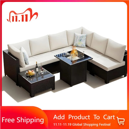 8 Piece Outdoor Patio Furniture Set with Fire Pit, Wicker Outdoor Sectional Sofa for Deck, Garden, Lawn