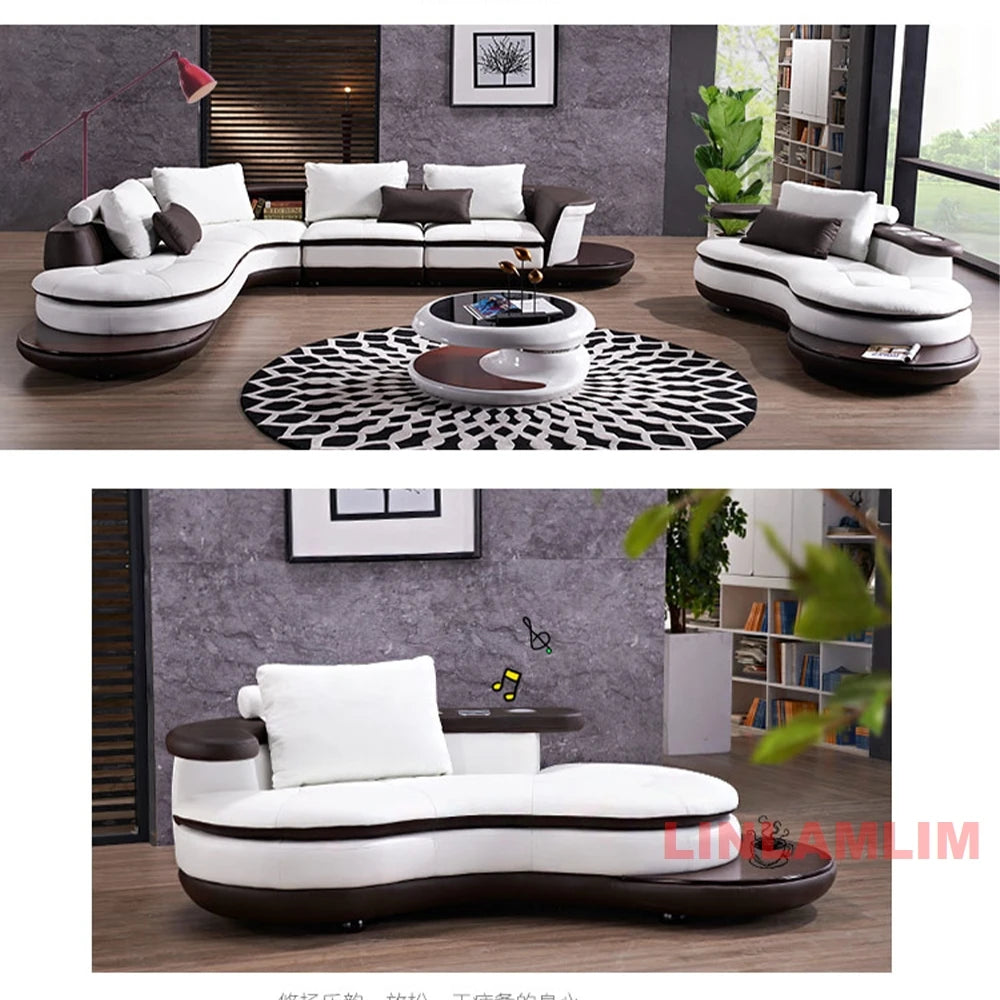 Modern Luxury Genuine Leather Sectional Sofa Set with Speaker and USB, U-Shaped Design Living Room Couch with Storage Shelves